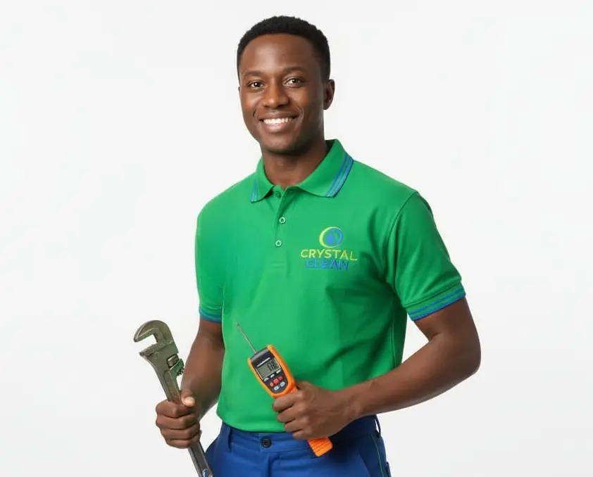 Técnico da Crystal Clean com ferramentas para manutenção eléctrica