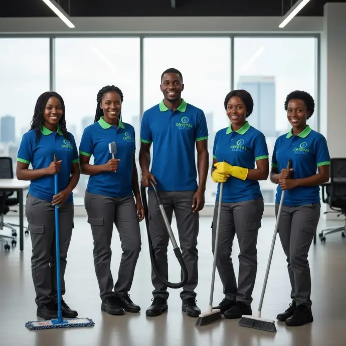 Equipa uniformizada da Crystal Clean com material de limpeza num escritório